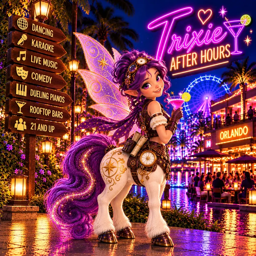 Trixie the Time Traveler after hours in Orlando, beside a signpost to dancing, karaoke and comedy