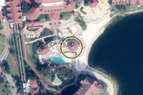 Beaches Pool Bar & Grill from the air, 2026