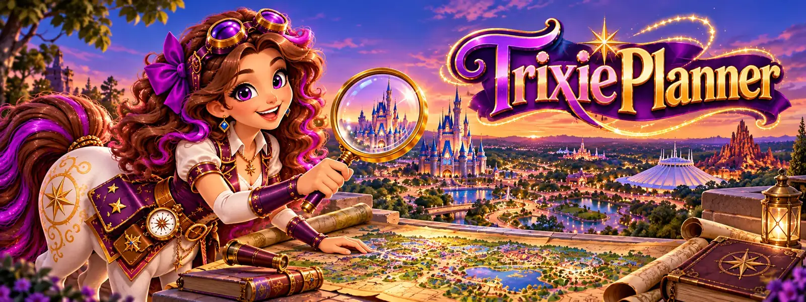 Trixie with her magnifying glass, looking over a map of Walt Disney World with the castle, Space…