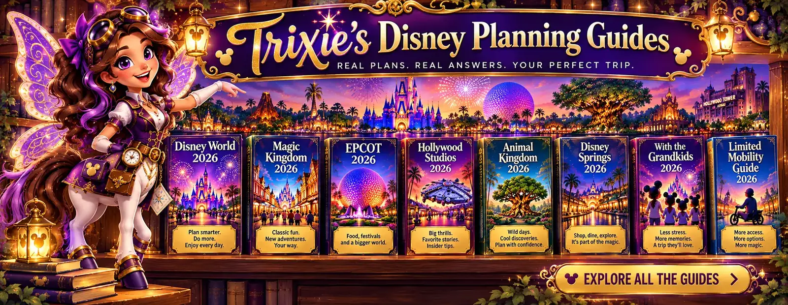 Trixie’s Disney Planning Guides: Trixie points to a shelf of guides, Disney World, Magic Kingdom…