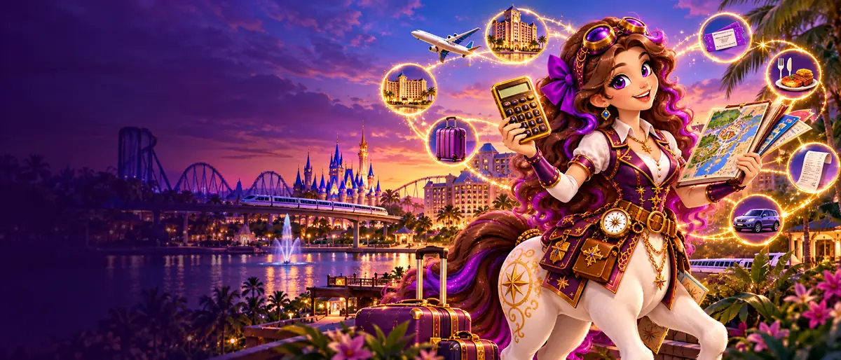 Trixie with her calculator and trip folder, the castle and the monorail behind her