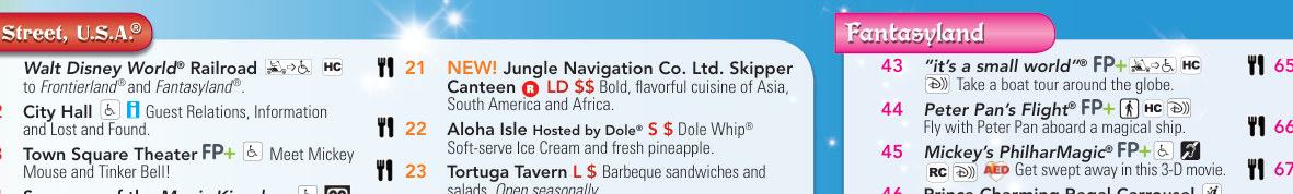 A detail of the dining listing on a Magic Kingdom guide map, at the line reading "NEW! Jungle Navigation Co. Ltd. Skipper Canteen".