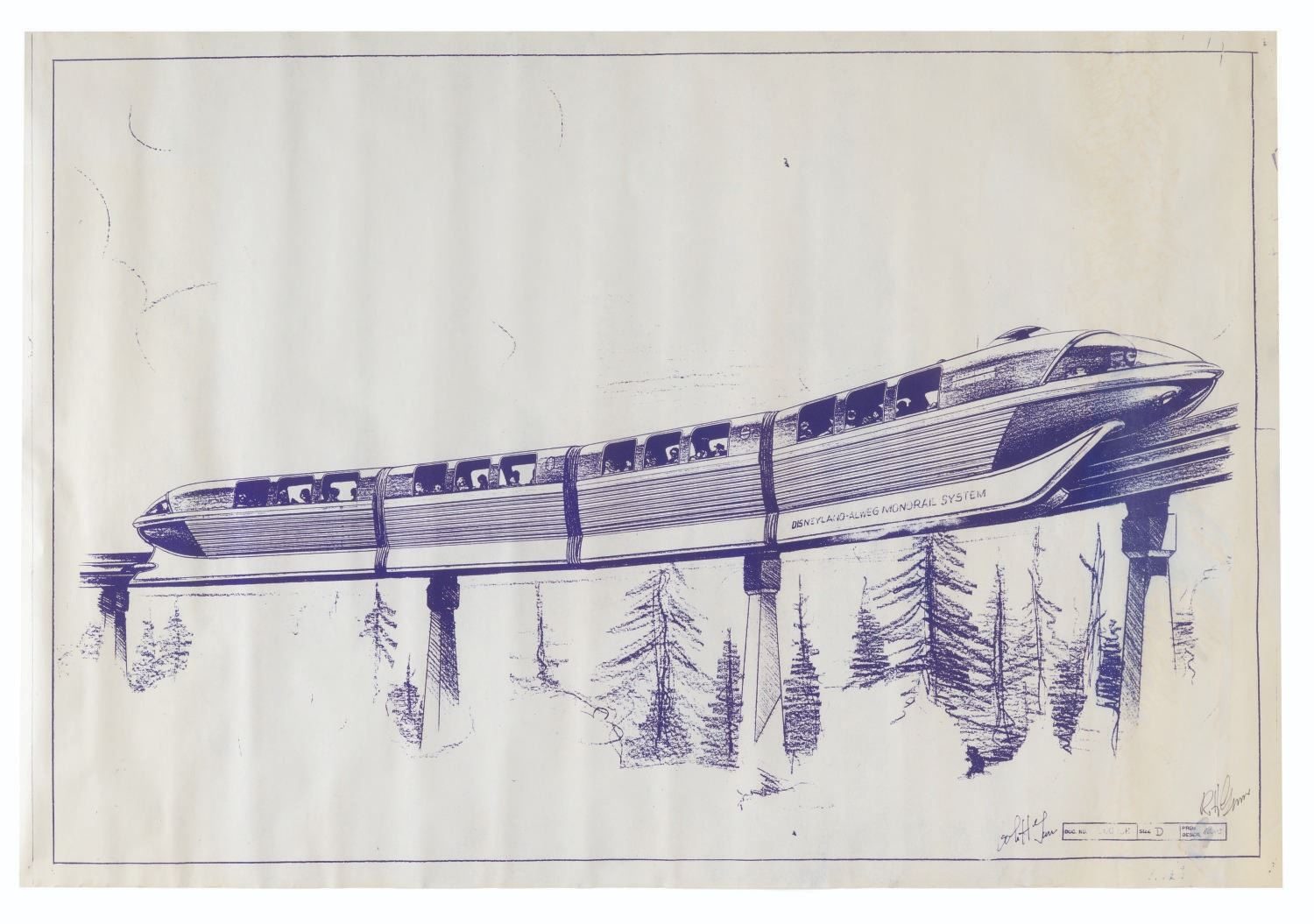 A blueline print of a straddle-beam monorail train on an elevated beamway over conifers. The train's flank is lettered 'DISNEYLAND-ALWEG MONORAIL SYSTEM'. A title block (DWG. NO. / SIZE D / PROJ. DESCR.) and two handwritten signatures are present at lower right.