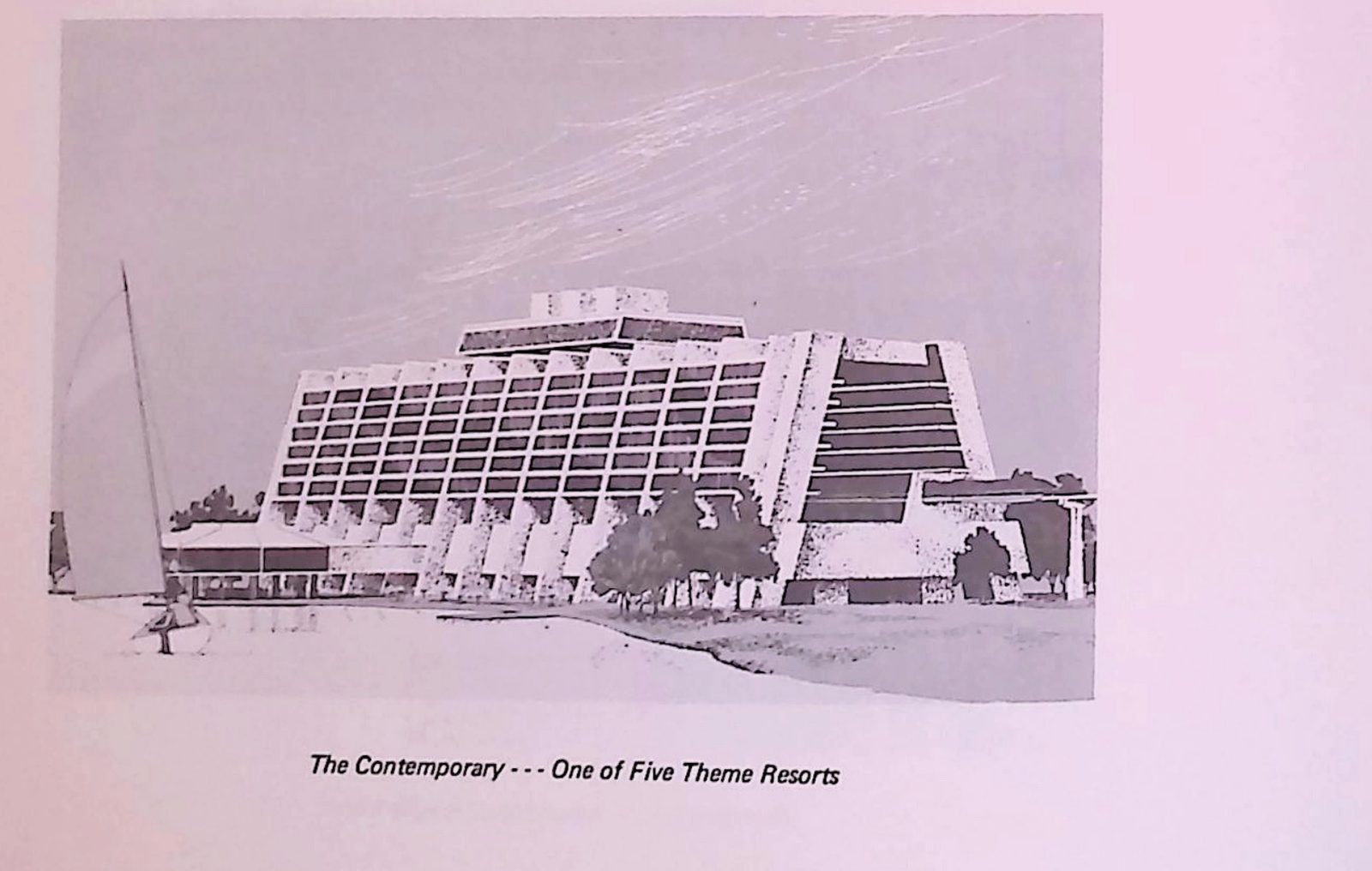 A concept rendering of the Contemporary resort, captioned in the document itself 'The Contemporary - - - One of Five Theme Resorts'.