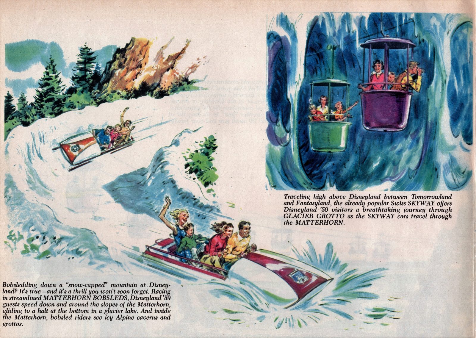 A full-colour period illustration sheet: a bobsled running down a snow-capped mountain, and Skyway buckets passing through an ice cavern. The printed captions read 'Racing in streamlined MATTERHORN BOBSLEDS, Disneyland '59 guests speed down and around the slopes of the Matterhorn, gliding to a halt