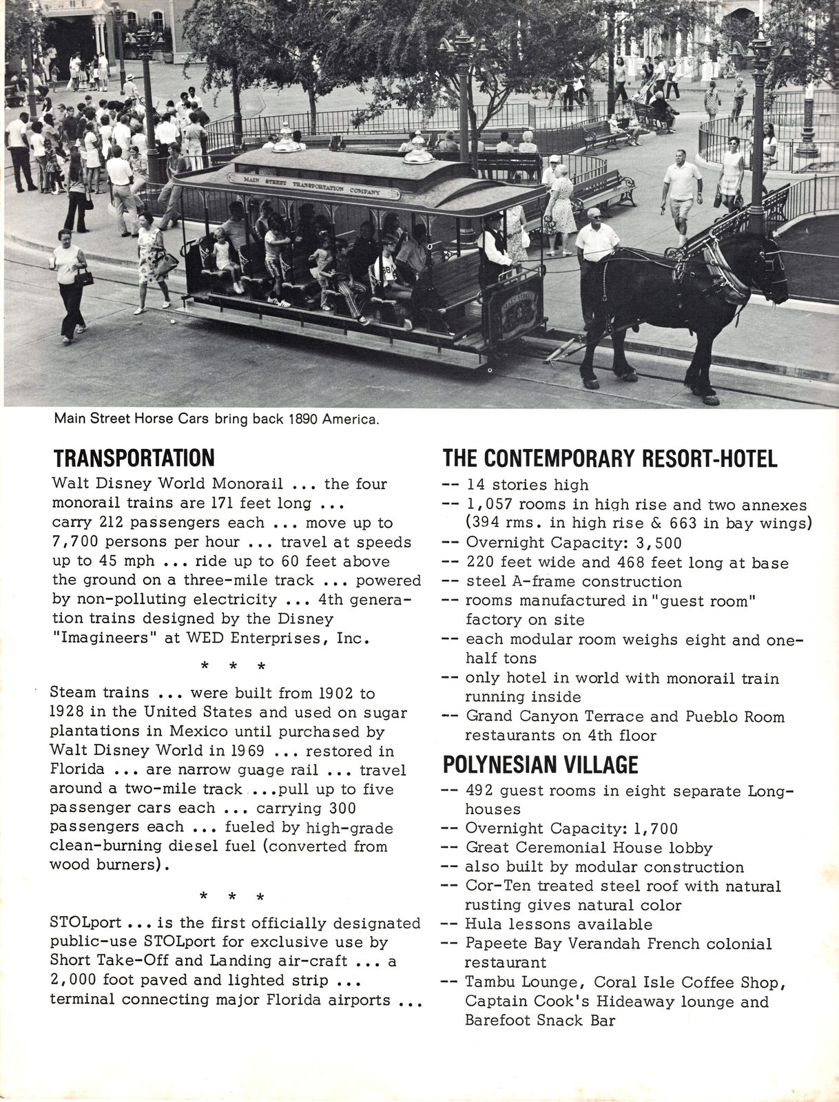 A Walt Disney World fact-sheet page. Under TRANSPORTATION it gives the monorail figures and then: 'STOLport ... is the first officially designated public-use STOLport for exclusive use by Short Take-Off and Landing air-craft ... a 2,000 foot paved and lighted strip ... terminal connecting major Flor