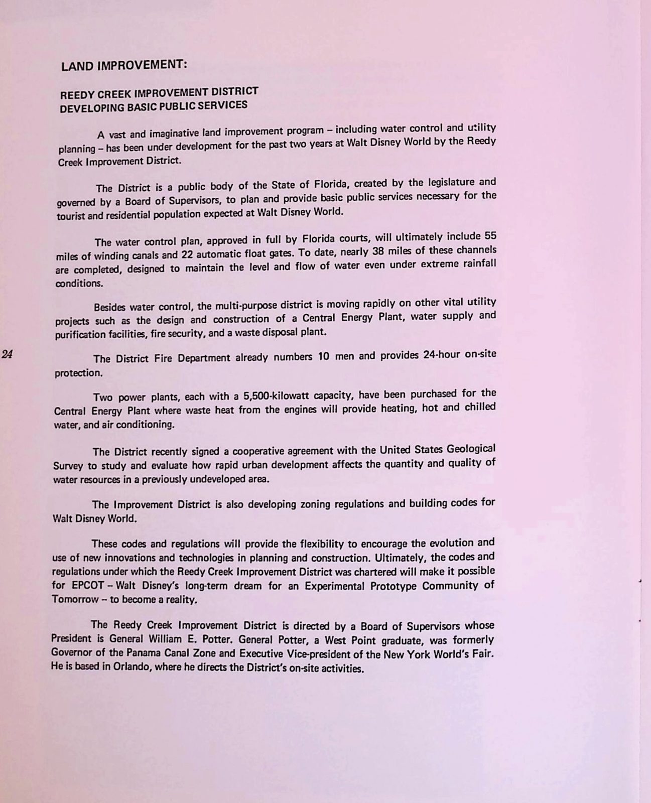 The document page headed 'LAND IMPROVEMENT: REEDY CREEK IMPROVEMENT DISTRICT DEVELOPING BASIC PUBLIC SERVICES'. It sets out the water-control plan, the District's statutory basis, the Central Energy Plant, and a cooperative agreement with the United States Geological Survey.